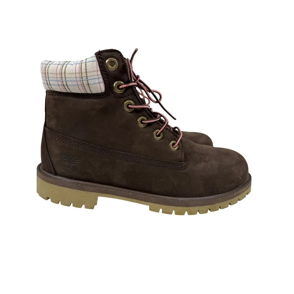 Timberland Boys Boots, Printed Pink Plaid Collar, Chocolate Brown, Size 6